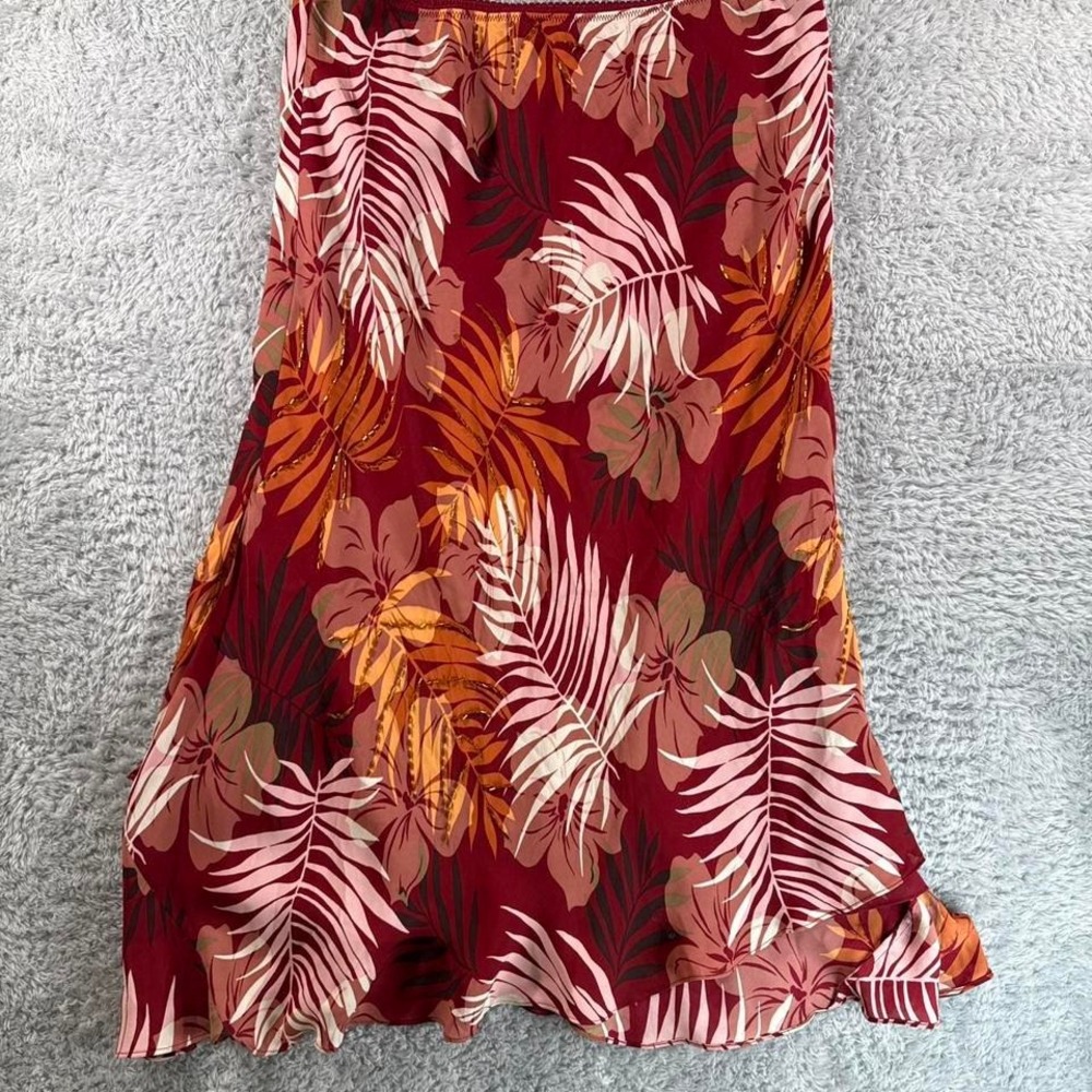 Red floral silk maxi skirt with ruffle hem